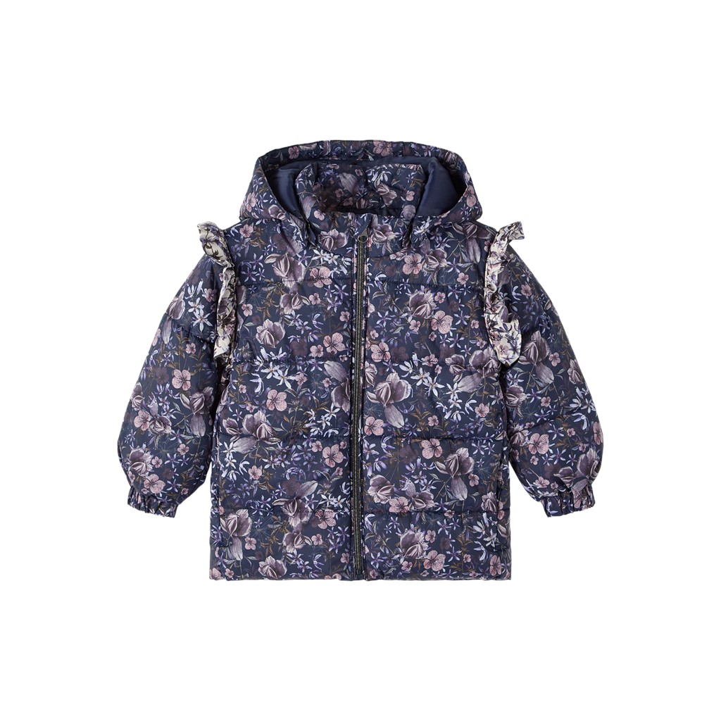Name It Dark Sapphire Blomstret Puffer Vinterjakke - Str. 5y 110cm