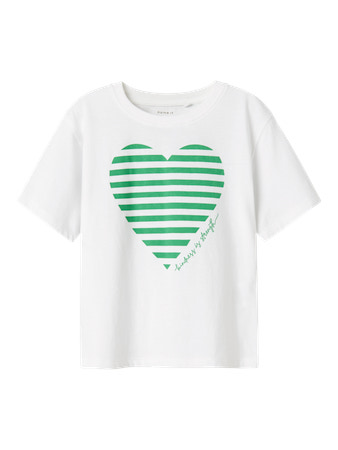 Name It T-shirt Hvid Med Grønt Stribet Hjerte - Str. 9-10y 134/140cm