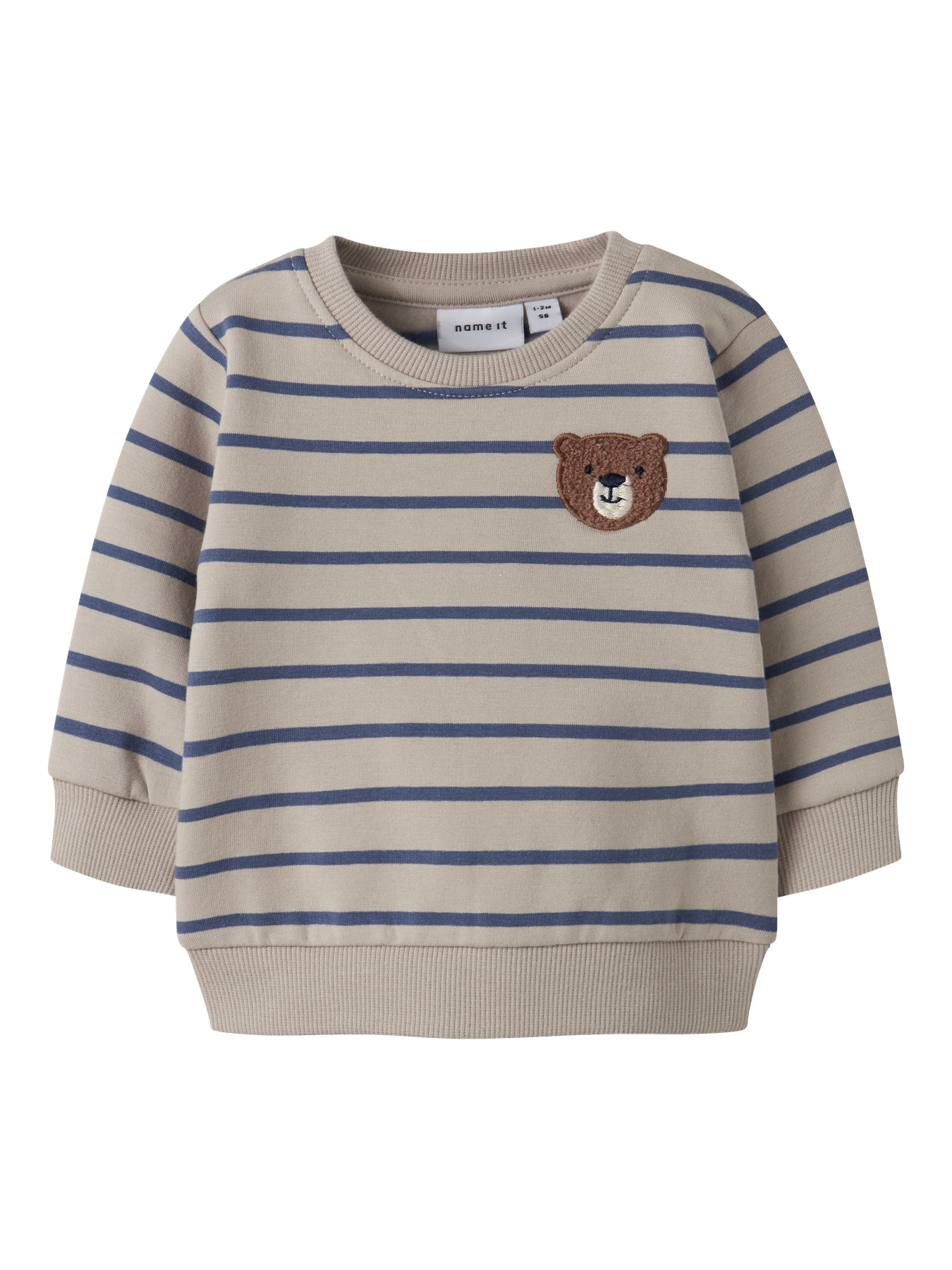 Name It Sweatshirt Chateau Gray Med Blå Striber Og Bjørnebroderi - Str. 9m 74cm