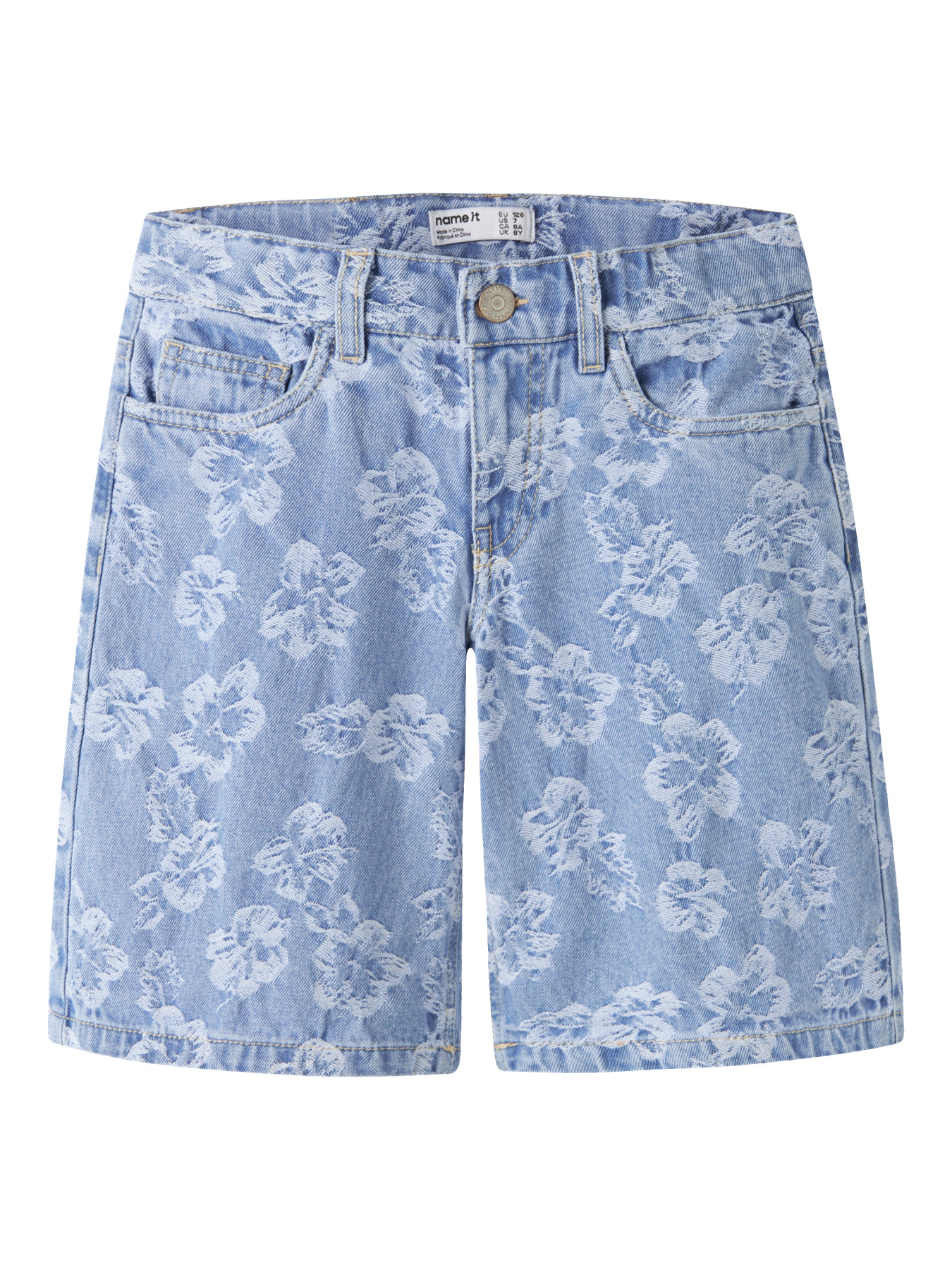 Name It Rose Light Blue Denim Flowers - Børn Shorts - Blå - 140